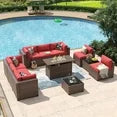 11 Piece Patio Furniture Set with 44” Fire Pit Table Wicker Rattan Outdoor Sectional Sofa Set with Coffee Table and 4” Thickened Cushions, Red (Waterproof Cover Included)
