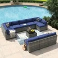 11 Piece Patio Furniture Set Wicker Rattan Patio Conversation Set Outdoor Sectional Sofa Set with Coffee Table and 4” Thickened Cushions, Blue(Waterproof Cover Included)