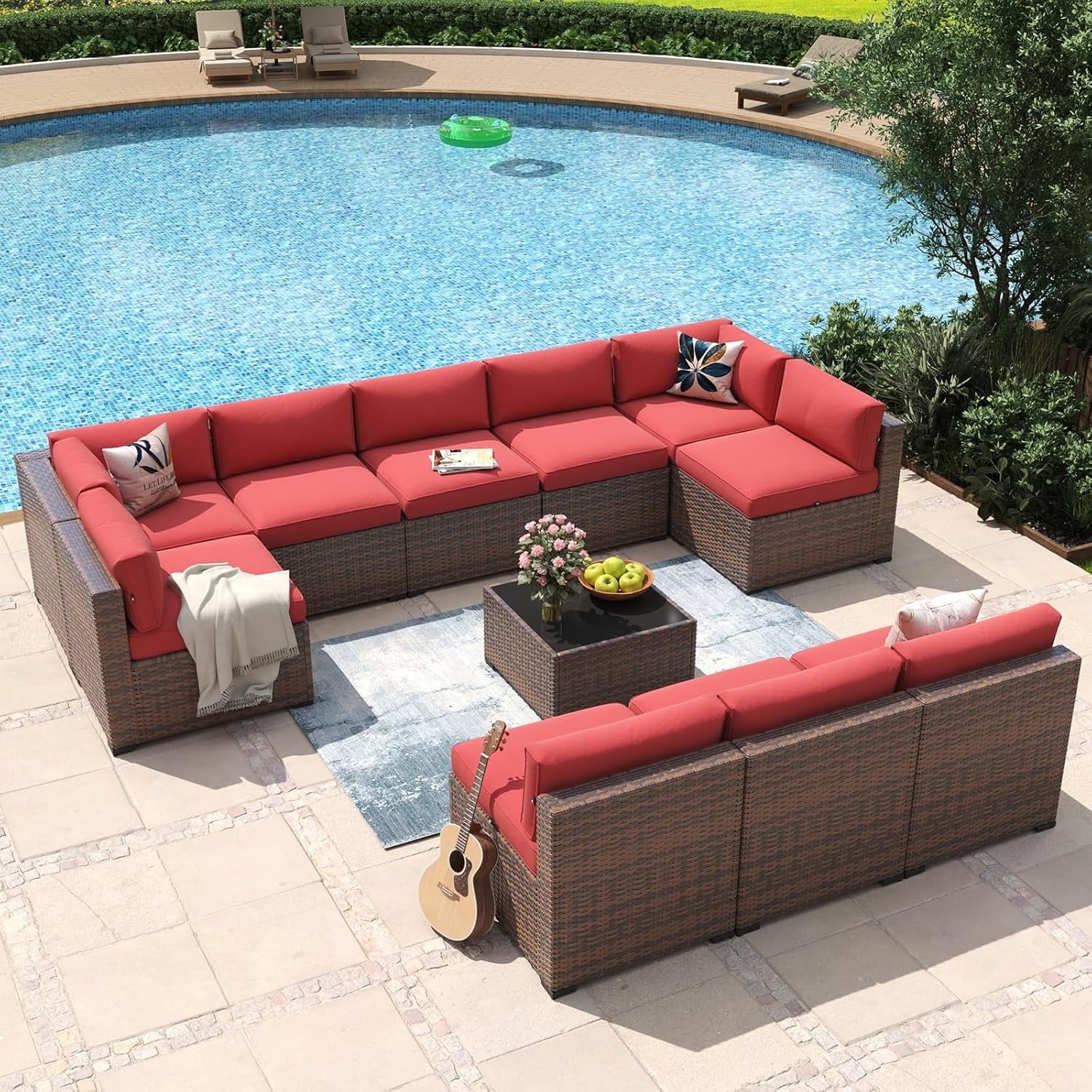 11 Piece Patio Furniture Set Wicker Rattan Patio Conversation Set Outdoor Sectional Sofa Set with Coffee Table and 4” Thickened Cushions, Red(Waterproof Cover Included)