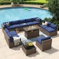 12 Piece Patio Furniture Set with 44” Fire Pit Table Wicker Rattan Outdoor Sectional Sofa Set with Coffee Table and 4” Thickened Cushions, Blue (Waterproof Cover Included)