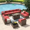 12 Piece Patio Furniture Set with 44” Fire Pit Table Wicker Rattan Outdoor Sectional Sofa Set with Coffee Table and 4” Thickened Cushions, Red (Waterproof Cover Included)
