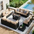 12 Piece Patio Furniture Set with 44” Fire Pit Table Wicker Rattan Patio Sectional Sofa Set Outdoor Seating Furniture with 4'' Thickened Cushion, Beige (Include Waterproof Cover)