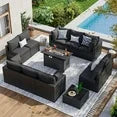 12 Piece Patio Furniture Set with 44” Fire Pit Table Wicker Rattan Patio Sectional Sofa Set Outdoor Seating Furniture with 4'' Thickened Cushion, Black (Include Waterproof Cover)