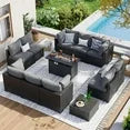 12 Piece Patio Furniture Set with 44” Fire Pit Table Wicker Rattan Patio Sectional Sofa Set Outdoor Seating Furniture with 4'' Thickened Cushion, Gray (Include Waterproof Cover)