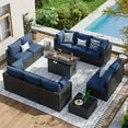 12 Piece Patio Furniture Set with 44” Fire Pit Table Wicker Rattan Patio Sectional Sofa Set Outdoor Seating Furniture with 4'' Thickened Cushion, Navy Blue (Include Waterproof Cover)
