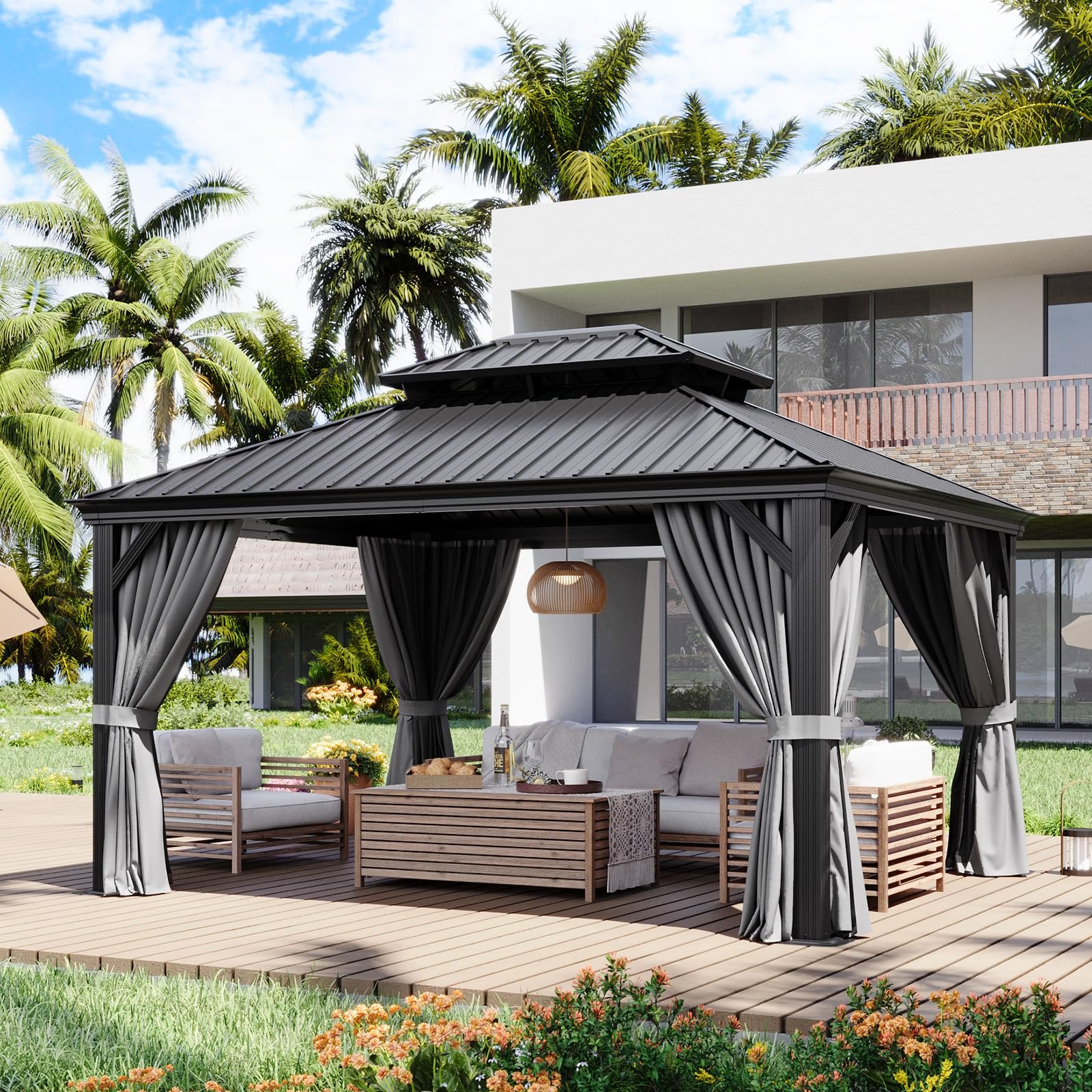 12' X 14' Hardtop Gazebo with Drainage System, Aluminum Outdoor Gazebo with Galvanized Steel Double Roof, Patio Permanent Metal Gazebo Pavilion with Netting, for Garden, Deck, Backyard, Grey