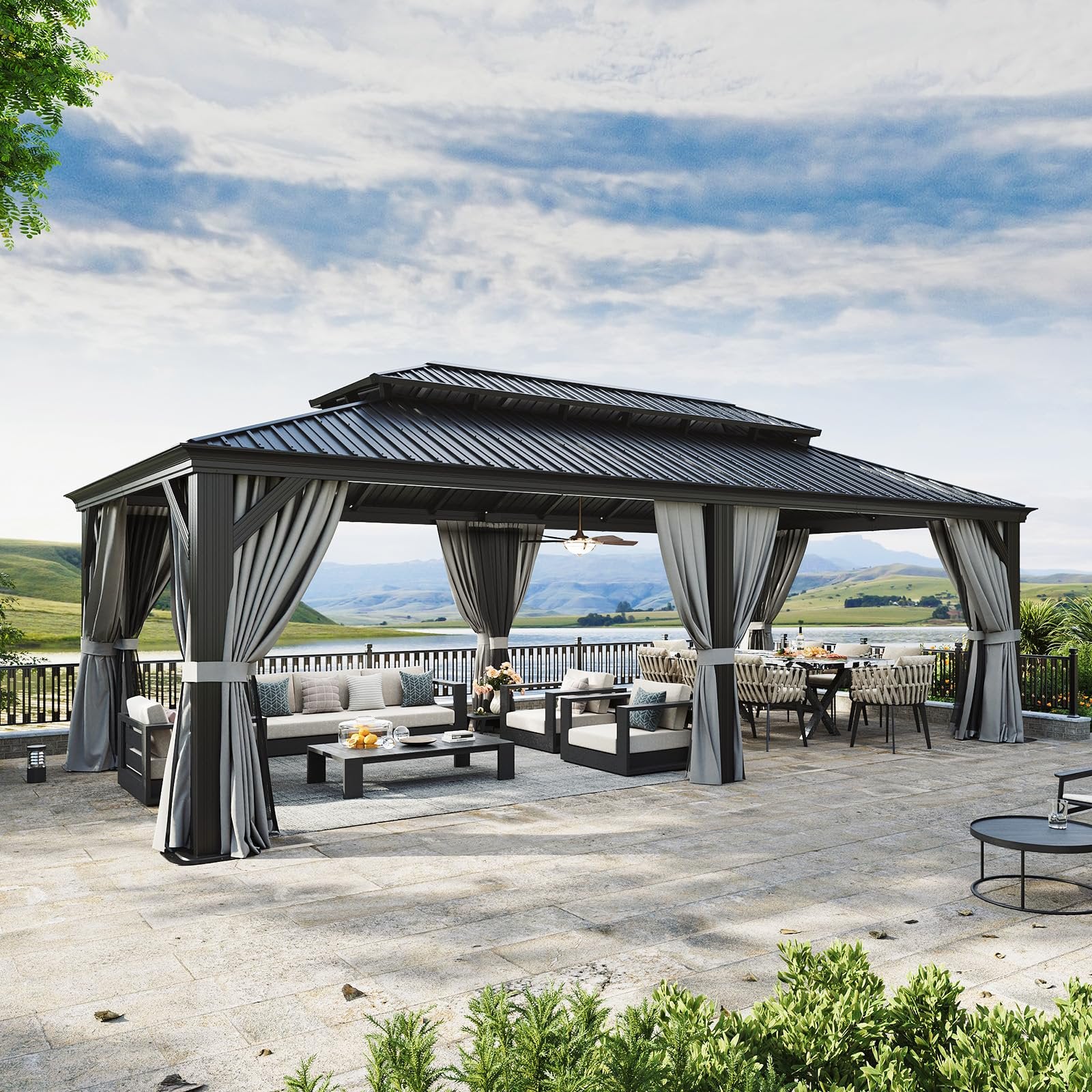 12' X 24' Hardtop Gazebo with Drainage System, Aluminum Outdoor Gazebo with Galvanized Steel Double Roof, Patio Permanent Metal Pavilion with Netting, for Garden, Deck, Grey