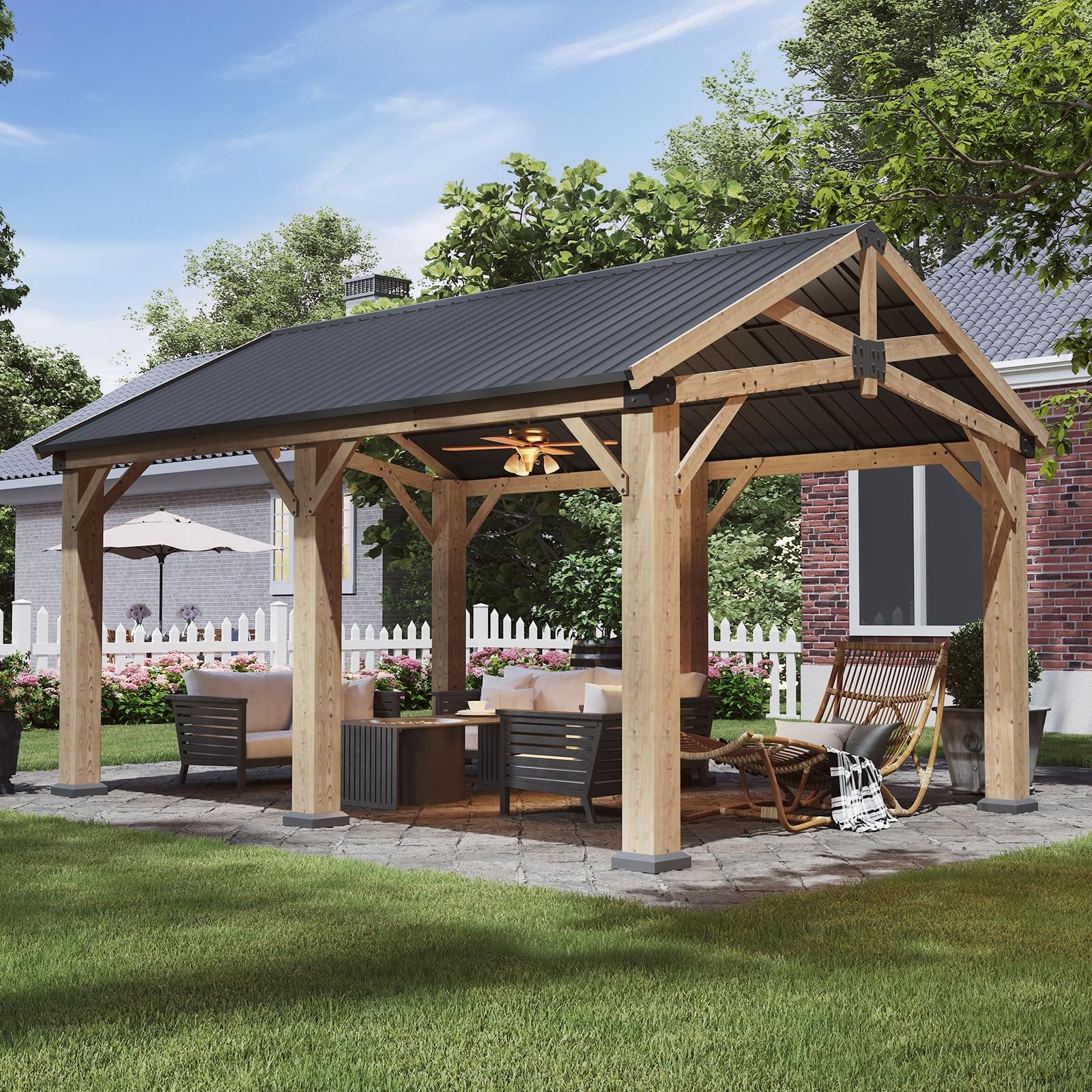 12' x 16' Outdoor Wood Gazebo, Hardtop Gazebo Permanent Wooden Pavilion with Galvanized Steel Gable Roof, for Patio, Garden, Deck, Cedar Wood