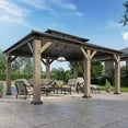 12' x 20' Outdoor Wood Gazebo, Hardtop Gazebo Permanent Wooden Pavilion with Galvanized Steel Double Roof, for Patio, Garden, Backyard, Cedar Wood