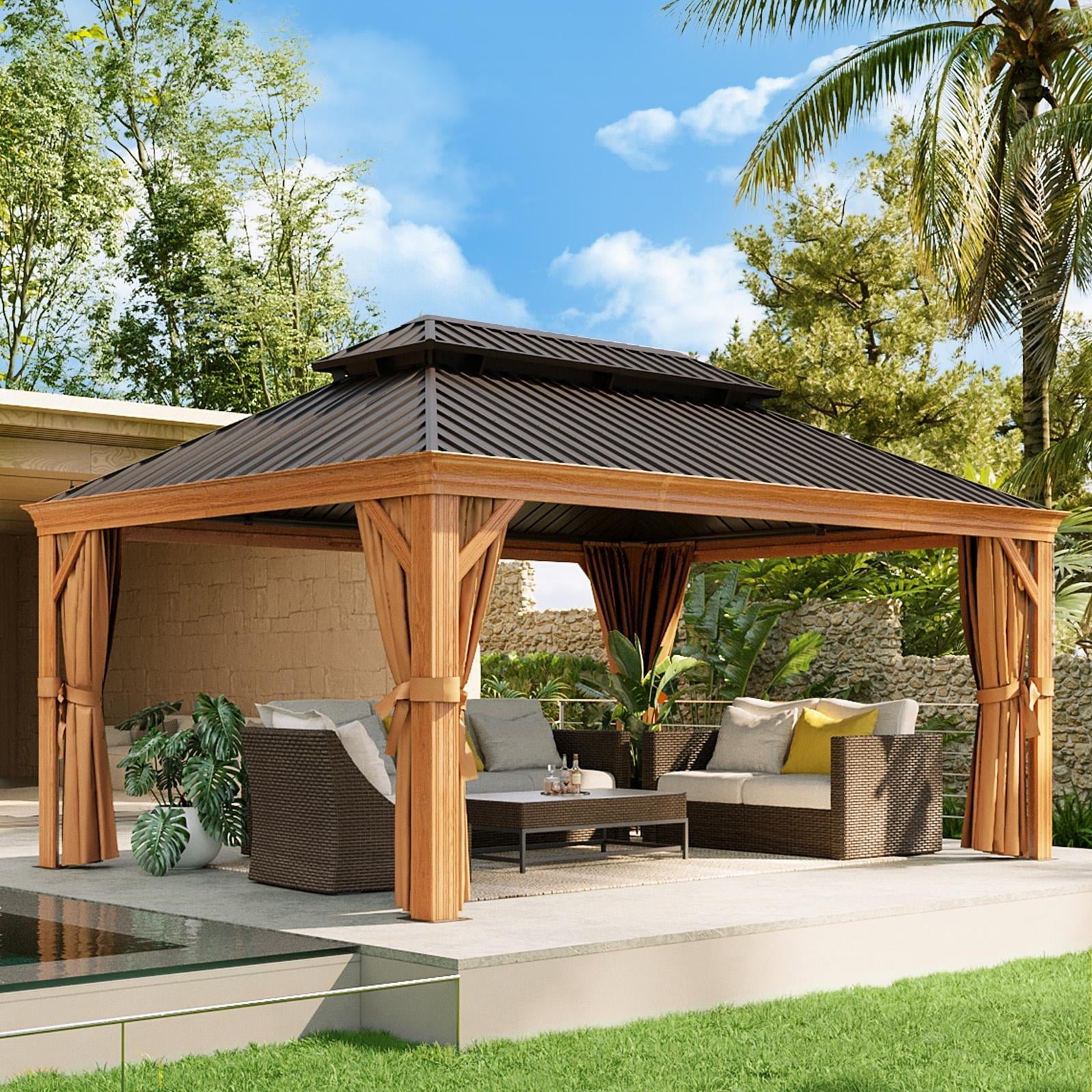 12x16FT Outdoor Hardtop Gazebo, Galvanized Steel Double Roof Gazebo with Curtains & Net for Patios, Deck, Backyard, Brown