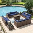 15 Piece Patio Furniture Set with 44” Fire Pit Table Wicker Rattan Outdoor Sectional Sofa Set with Coffee Table and 4” Thickened Cushions, Blue (Waterproof Cover Included)