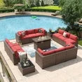 15 Piece Patio Furniture Set with 44” Fire Pit Table Wicker Rattan Outdoor Sectional Sofa Set with Coffee Table and 4” Thickened Cushions, Red (Waterproof Cover Included)