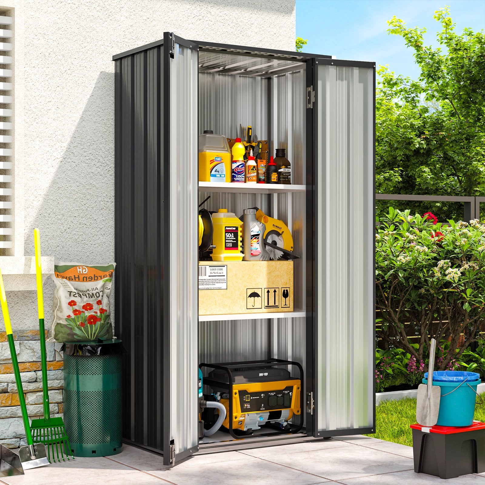 Aoxun 2.5x1.5 ft. Black Metal Storage Shed with 2 Shelves, Outdoor Waterproof Cabinet