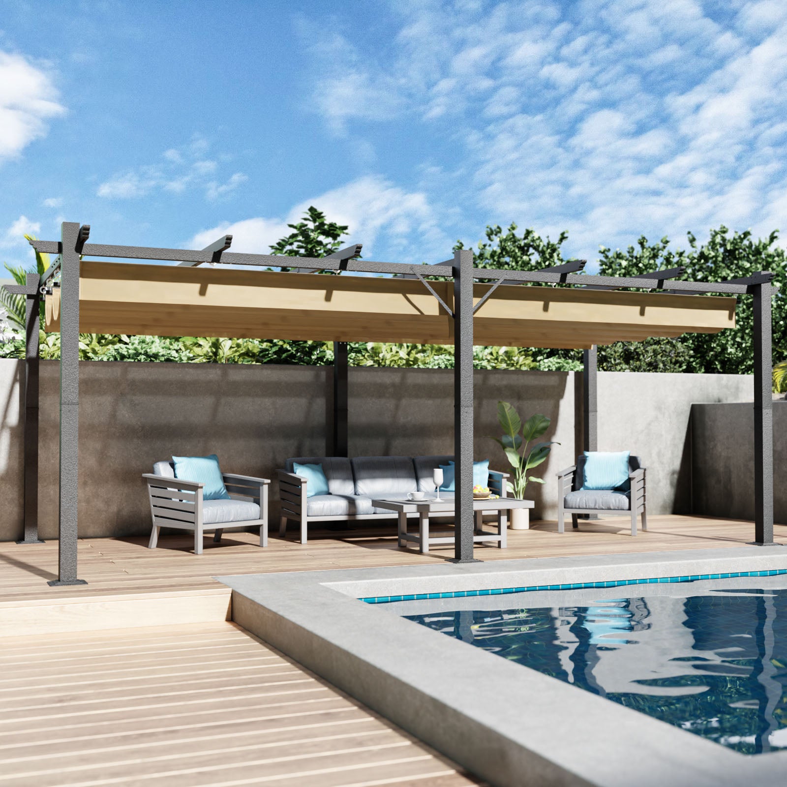 20'x10' Outdoor Retractable Pergola, with Sun-Proof Canopy, Patio Metal Pergolas Gazebos for Backyards, Gardens, Patios, Beige