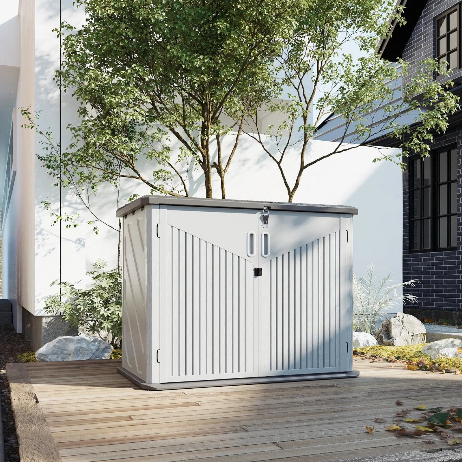 35 Cu.Ft Outdoor Storage Shed, Waterproof Horizontal Resin Cabinet for Trash Cans, Lawn Mowers, Generators, and Garden Tools, White