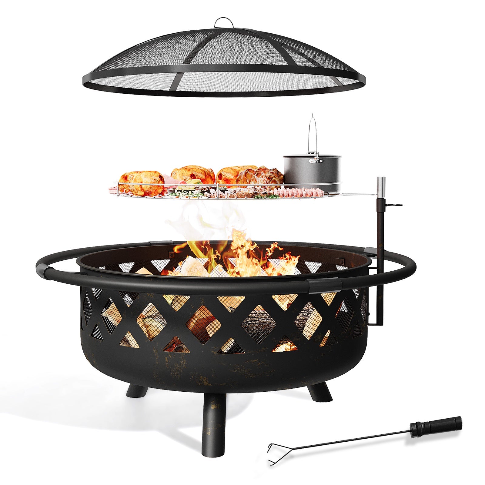 42" Outdoor Fire Pit, Wood Burning Fire Pit with Large Grill, BBQ Large Fire Table for Camping, Heating, Picnics