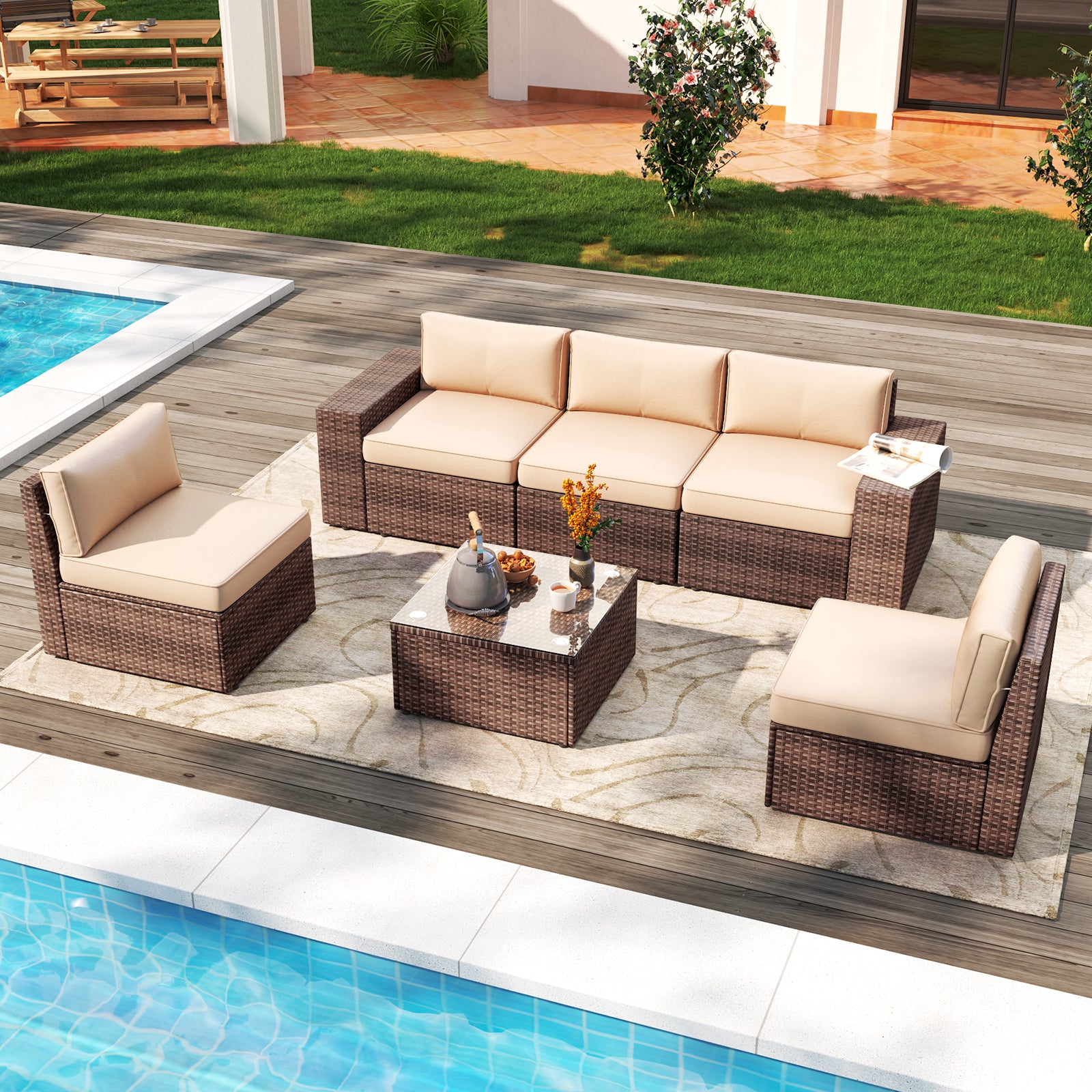 6 Pieces Patio Furniture Sets, Outdoor Sectional Rattan Sofa Set, Patio Furniture Set with Coffee Table, Beige