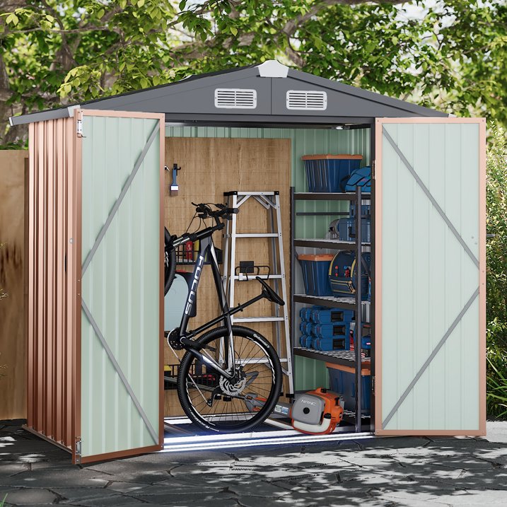 Aoxun 6'x4' Outdoor Metal Storage Shed with Lockable Door- Ideal for Tools, Garden Equipment & Bikes, Perfect for Patio Placement(Base Included/Brown)