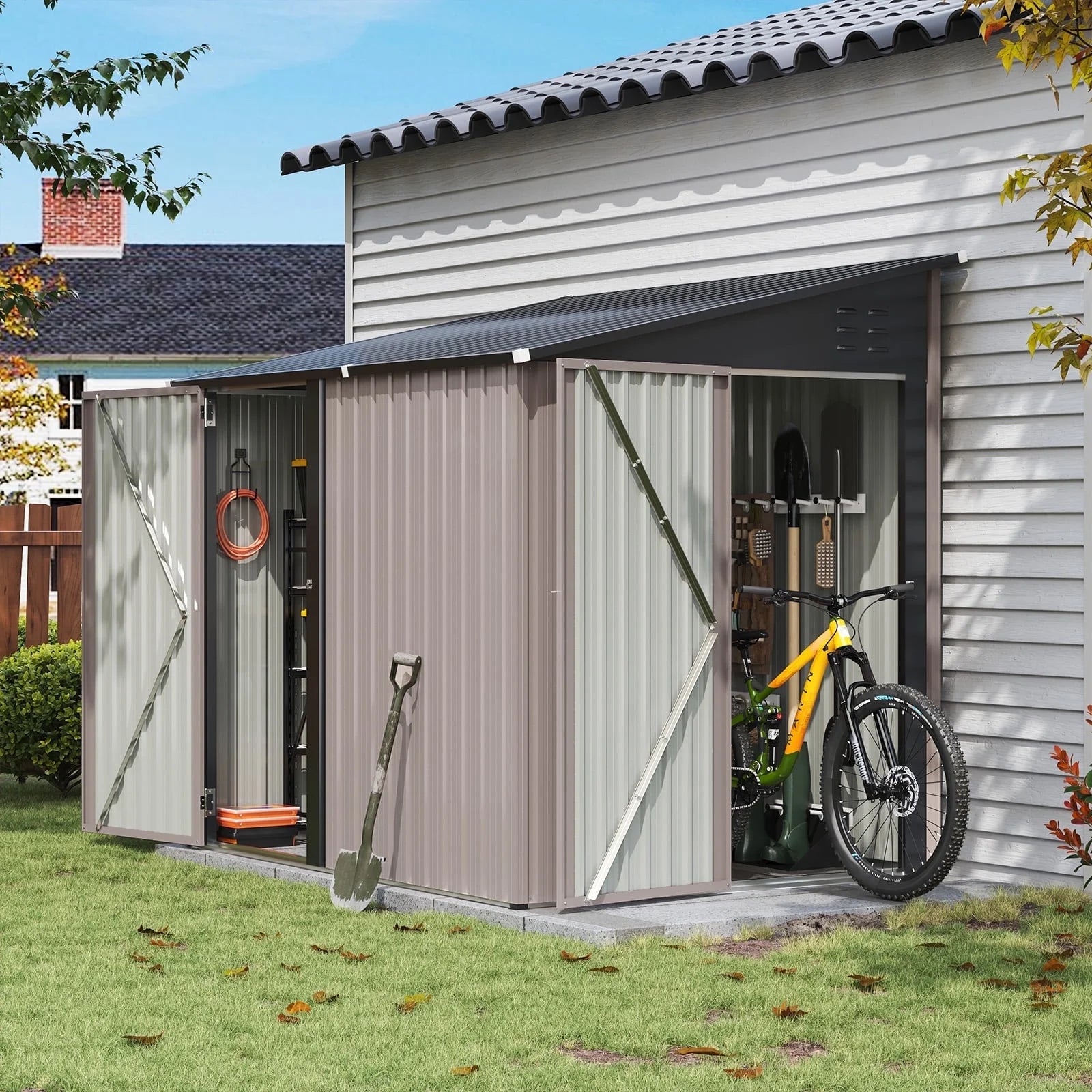 7.1x5.3 Storage Shed Lean to Storage Shed, Outdoor Metal Wall Side Storage Sheds, Outdoor Storage Cabinet for Patio, Garden, Lawn (Brown)