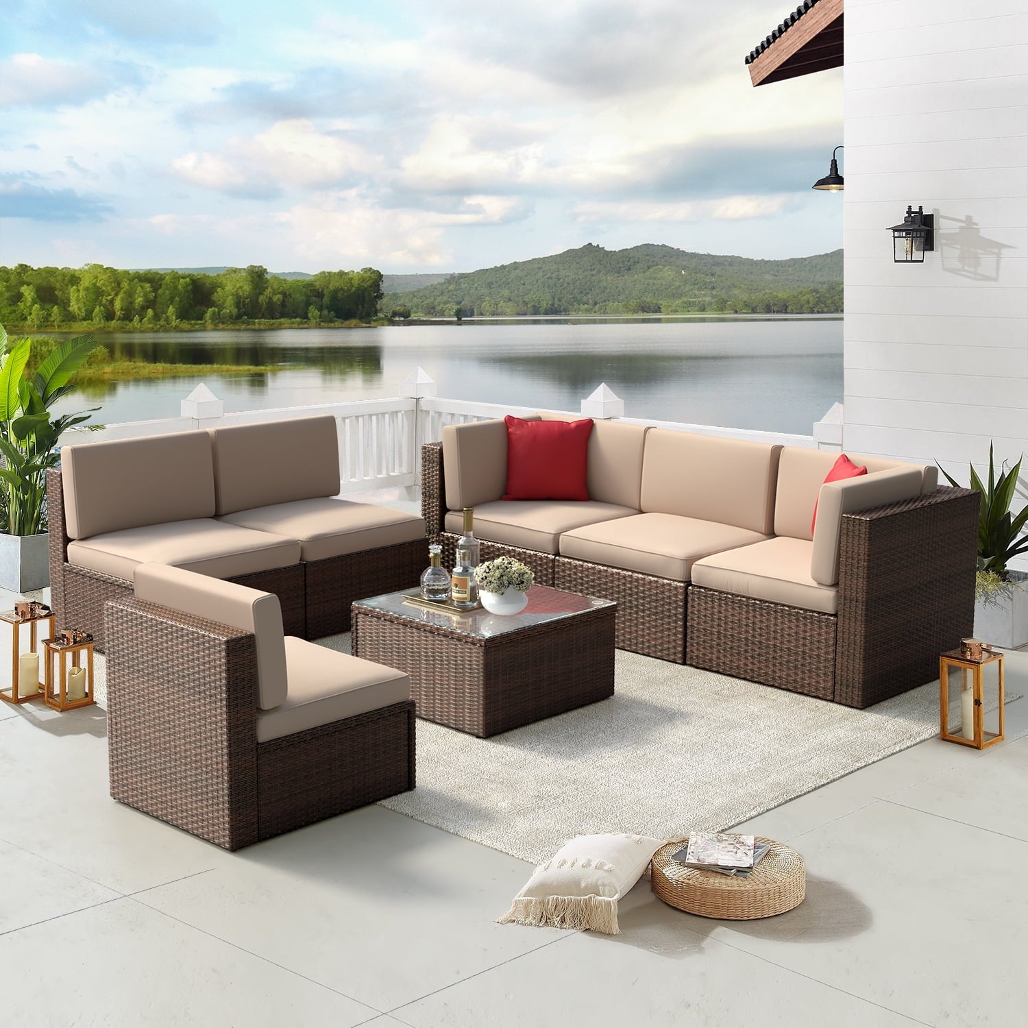 7 Piece Patio Furniture Set, Outdoor Patio Furniture Sets, Wicker Patio Furniture, Outdoor Conversation Set with Brown Cushions