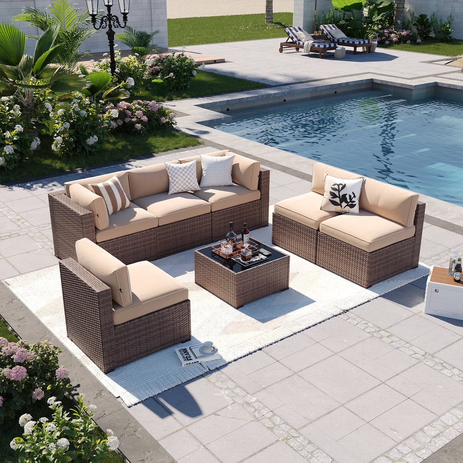 Aoxun 7 Piece Patio Furniture Set Wicker Rattan Patio Conversation Set Outdoor Sectional Sofa Set with Coffee Table and 4” Thickened Cushions, Beige(Waterproof Cover Included)