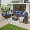 7 Piece Patio Furniture Set Wicker Rattan Patio Conversation Set Outdoor Sectional Sofa Set with Coffee Table and 4” Thickened Cushions, Blue(Waterproof Cover Included)