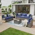 7 Piece Patio Furniture Set Wicker Rattan Patio Conversation Set Outdoor Sectional Sofa Set with Coffee Table and 4” Thickened Cushions, Blue(Waterproof Cover Included)