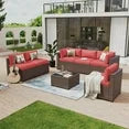 7 Piece Patio Furniture Set Wicker Rattan Patio Conversation Set Outdoor Sectional Sofa Set with Coffee Table and 4” Thickened Cushions, Red (Waterproof Cover Included)