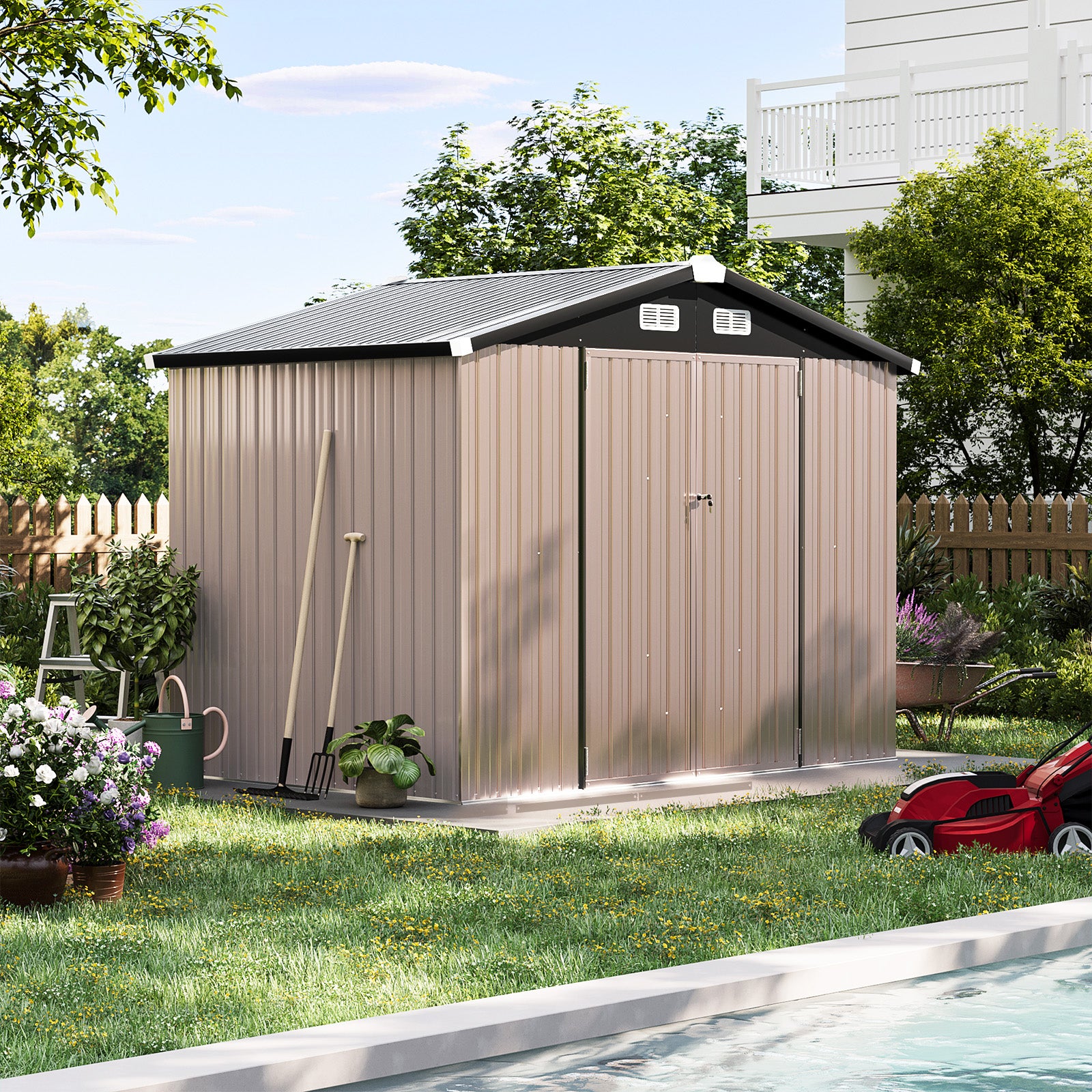 Aoxun Outdoor Storage Shed with Base Frame, 7.7 x 5.6 x 6.4 Galvanized Metal Shed for Garden, Brown