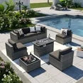 8 Piece Patio Furniture Set with 44” Fire Pit Table Wicker Rattan Outdoor Sectional Sofa Set with Coffee Table and 4” Thickened Cushions, Black (Waterproof Cover Included)