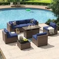 Aoxun 8 Piece Patio Furniture Set with 44” Fire Pit Table Wicker Rattan Outdoor Sectional Sofa Set with Coffee Table and 4” Thickened Cushions, Blue (Waterproof Cover Included)