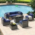 Aoxun 8 Piece Patio Furniture Set with 44” Fire Pit Table Wicker Rattan Outdoor Sectional Sofa Set with Coffee Table and 4” Thickened Cushions, Blue (Waterproof Cover Included)