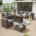 Aoxun 8 Piece Patio Furniture Set with 44” Fire Pit Table Wicker Rattan Outdoor Sectional Sofa Set with Coffee Table and 4” Thickened Cushions, Gray (Waterproof Cover Included)