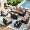 8 Piece Patio Furniture Set with 44” Fire Pit Table Wicker Rattan Patio Sectional Sofa Set Outdoor Seating Furniture with 4'' Thickened Cushion, Beige (Include Waterproof Cover)