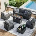 8 Piece Patio Furniture Set with 44” Fire Pit Table Wicker Rattan Patio Sectional Sofa Set Outdoor Seating Furniture with 4'' Thickened Cushion, Gray (Include Waterproof Cover)
