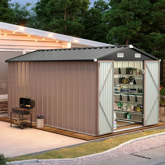 8x12 ft Outdoor Storage Shed, Steel Garden Shed, Brown(Floor included)