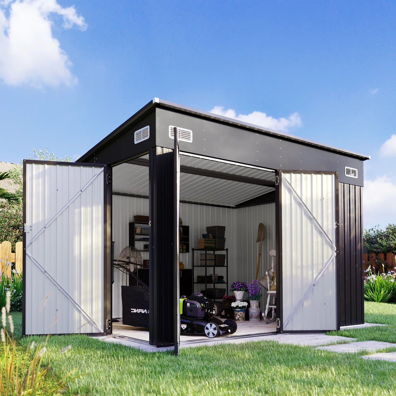 9.5'x7.5' Shed Outdoor Storage Shed with Triple Lockable Door Metal Storage Cabinet with Slopping Roof