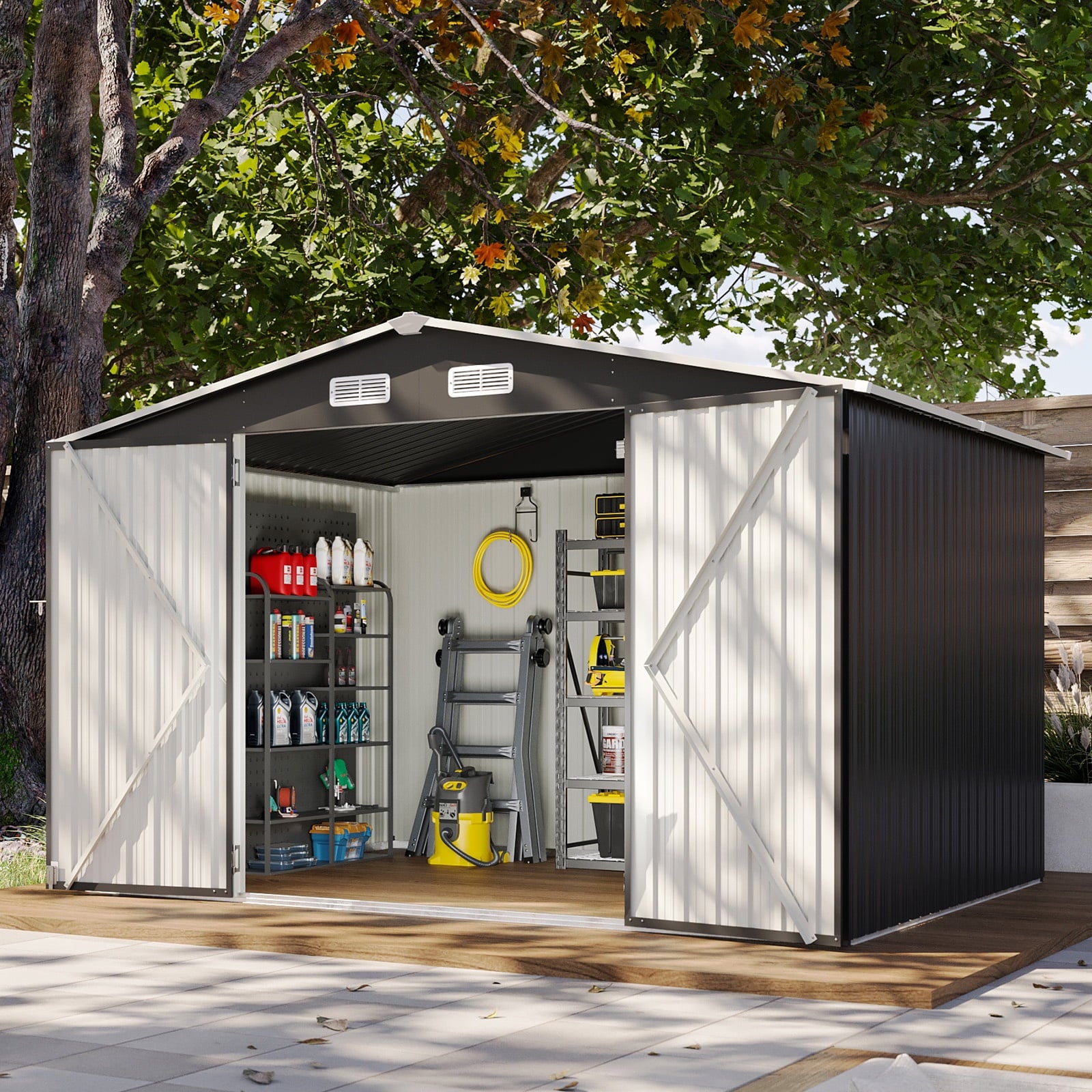 9.6’x 7.8’ Outdoor Storage Shed, Metal Garden Tool Shed with Lockable Door, Galvanized Steel Shed for Backyard, Lawn and Patio, Black