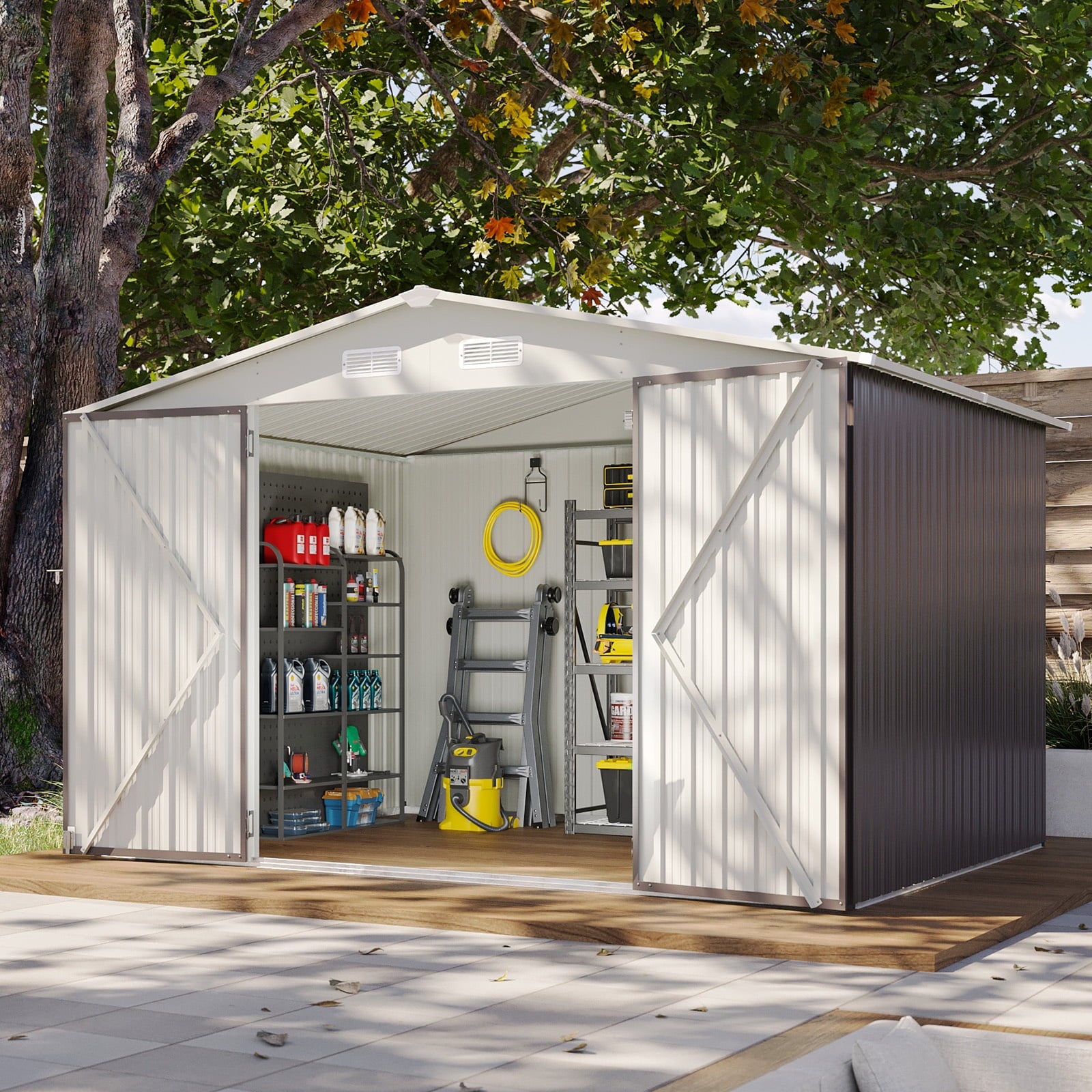 9.6’x 7.8’ Outdoor Storage Shed, Metal Garden Tool Shed with Lockable Door, Galvanized Steel Shed for Backyard, Lawn and Patio, Gray