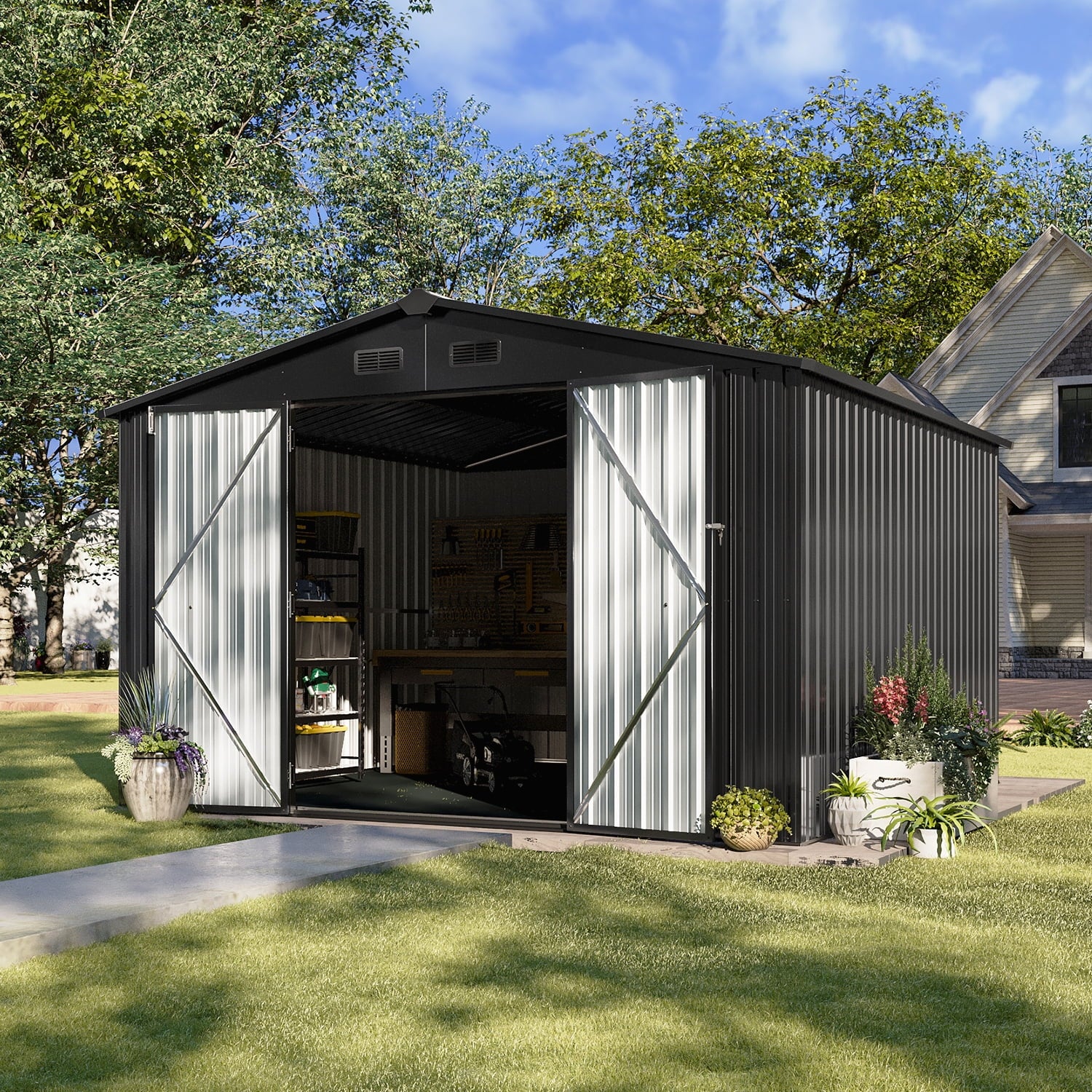 9.6x9.6x6.5ft Shed Outdoor Storage Shed, Metal Tool Shed with Plastic Floor and Lock, Black