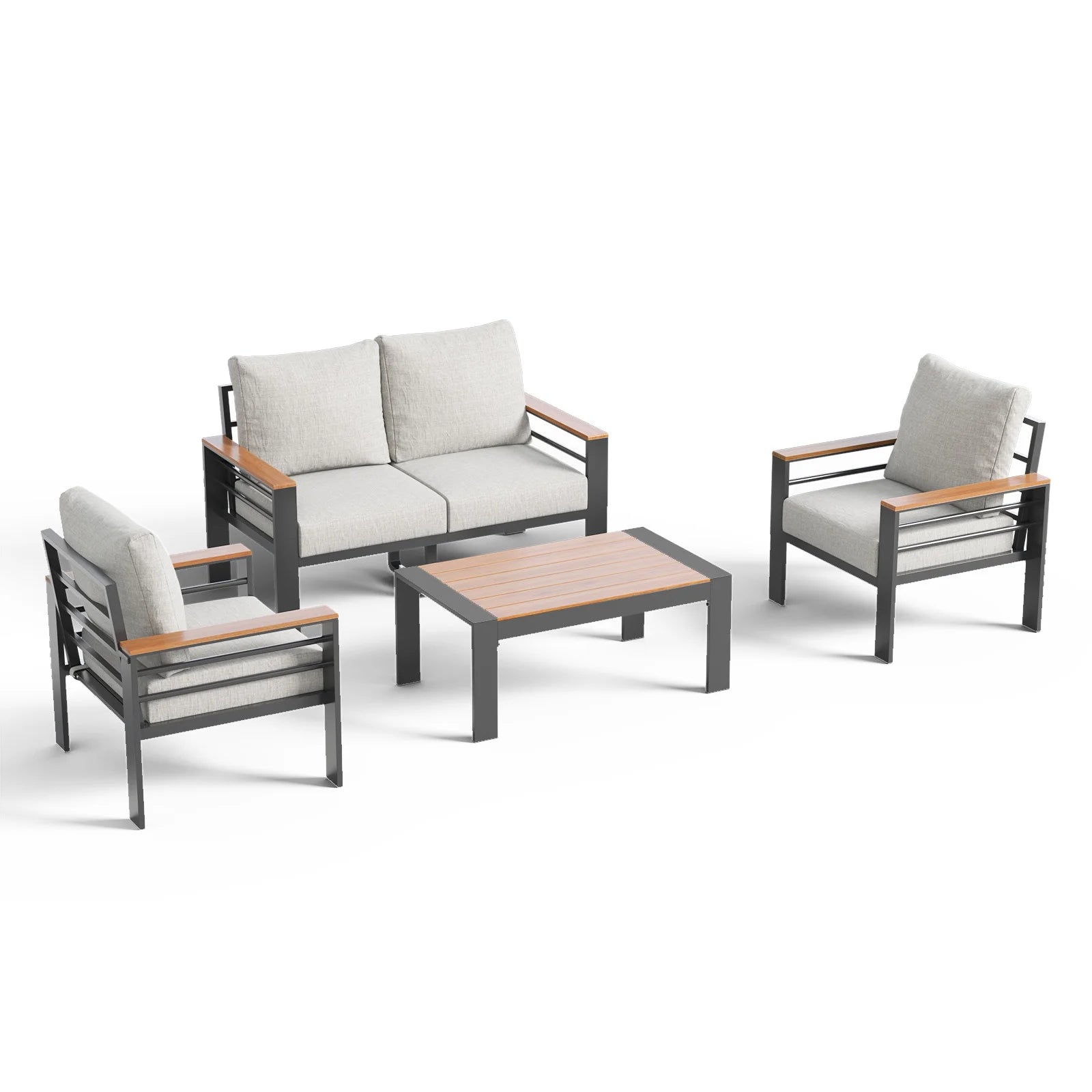 Aluminum Outdoor Patio Furniture Set, 4 Seats Outdoor Sectional with Coffee Table (Loveseat and Single Seat 2 Pcs) Light Grey