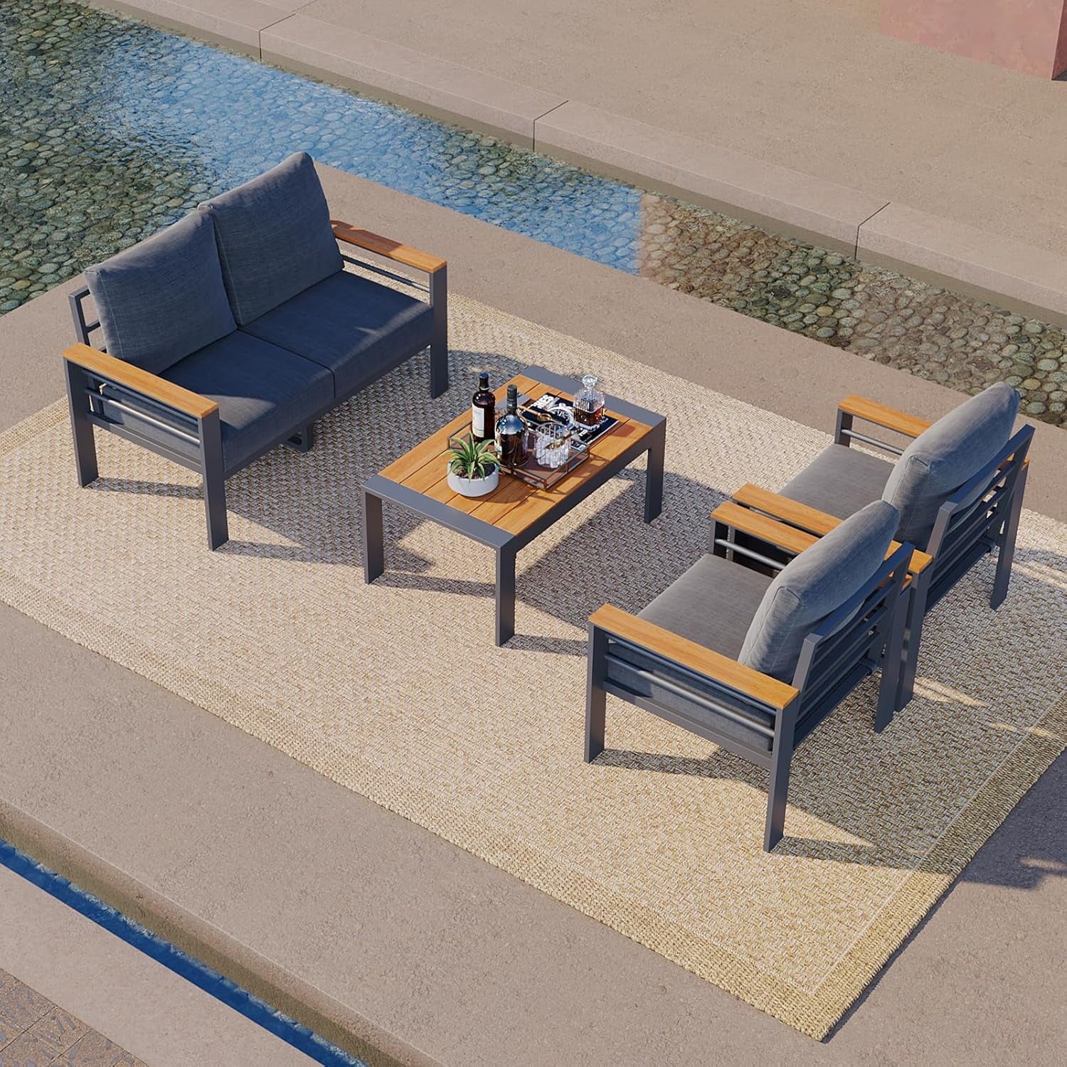 Aluminum Outdoor Patio Furniture Set, 4 Seats Outdoor Sectional with Coffee Table (Loveseat and Single Seat 2 Pcs)