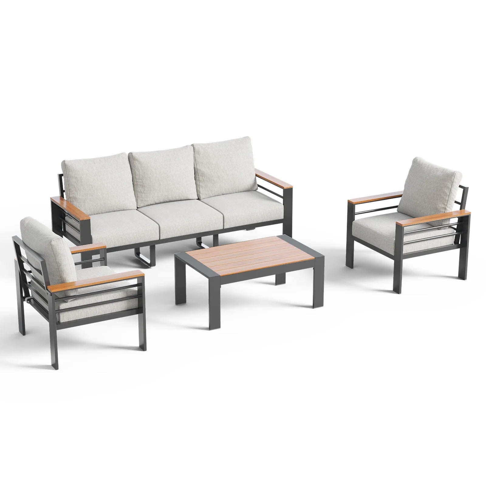 Aluminum Outdoor Patio Furniture Set, 5 Seats Outdoor Sectional with Coffee Table (3-Seater and 2 Single Seats) Light Grey