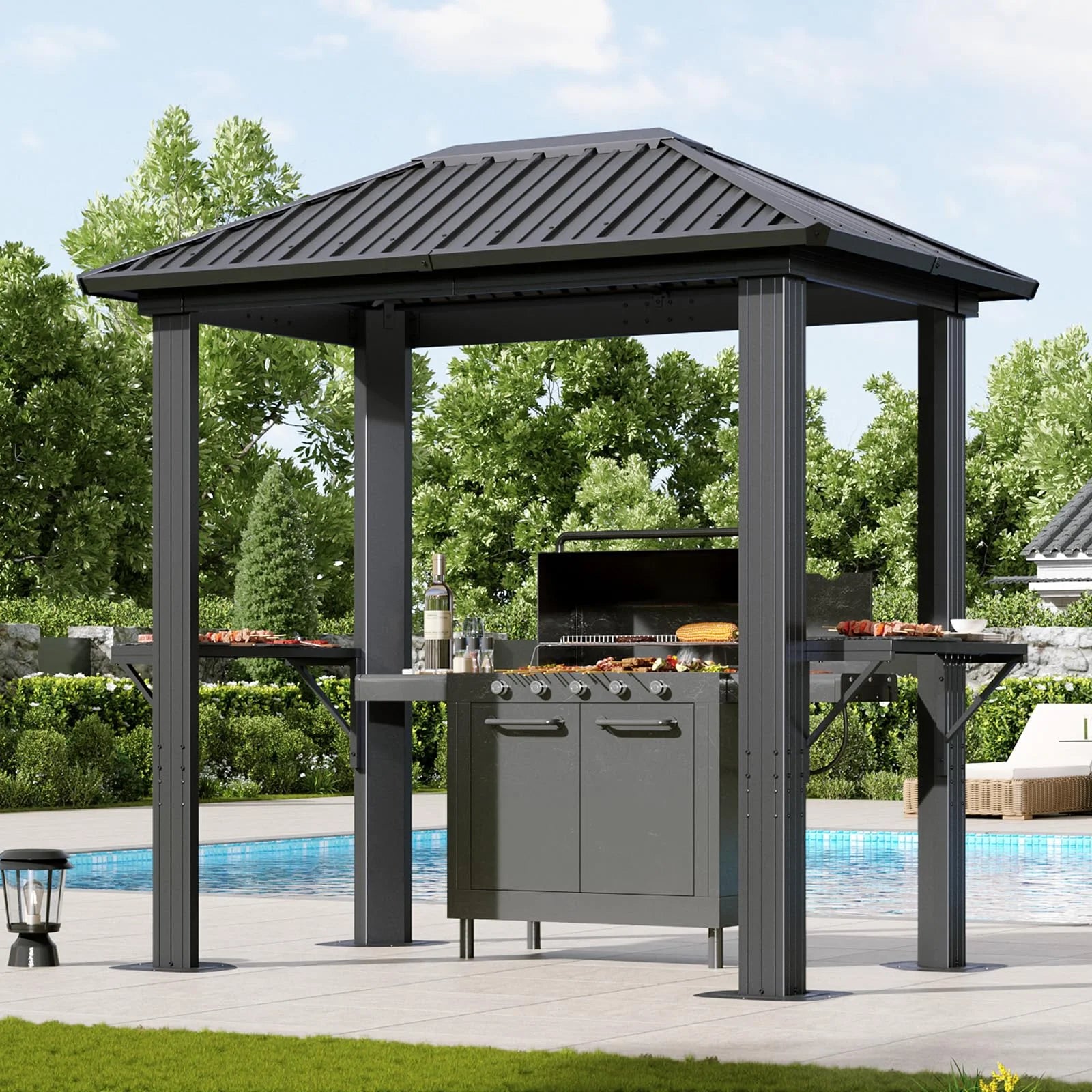 Grill Hardtop Gazebo 5 x 8 FT, Outdoor Metal Hard Top Gazebo, Permanent BBQ Gazebo with Galvanized Steel Roof, Aluminum Pavilion with Shelves for Lawn, Garden, Patio, Backyard