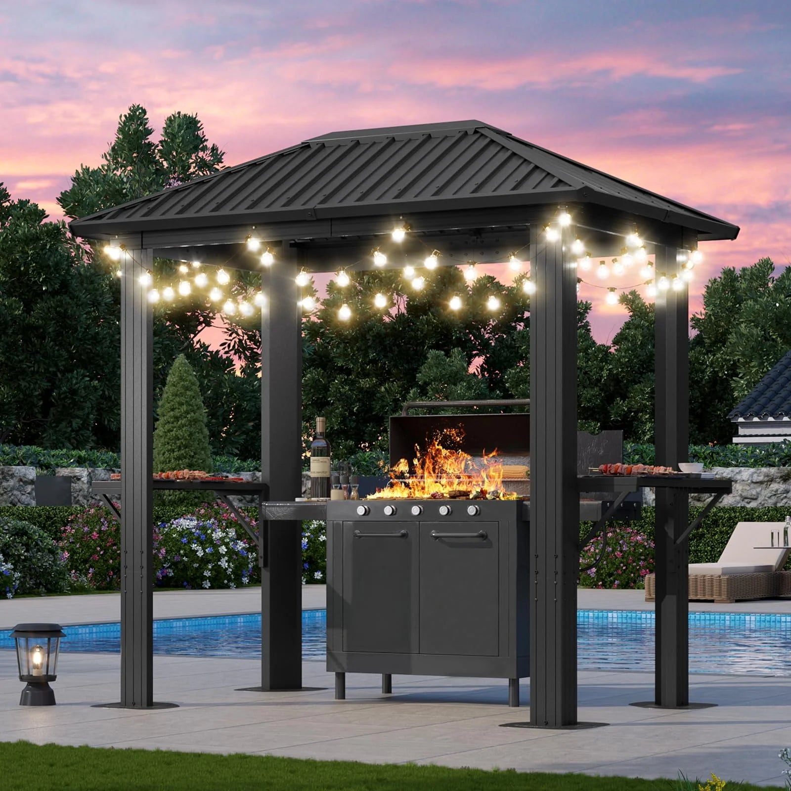 Grill Hardtop Gazebo 5 x 8 FT, Outdoor Metal Hard Top Gazebo, Permanent BBQ Gazebo with Aluminum Pavilion with Shelves, and LED Outdoor Waterproof Hanging Lights for Lawn, Garden, Patio