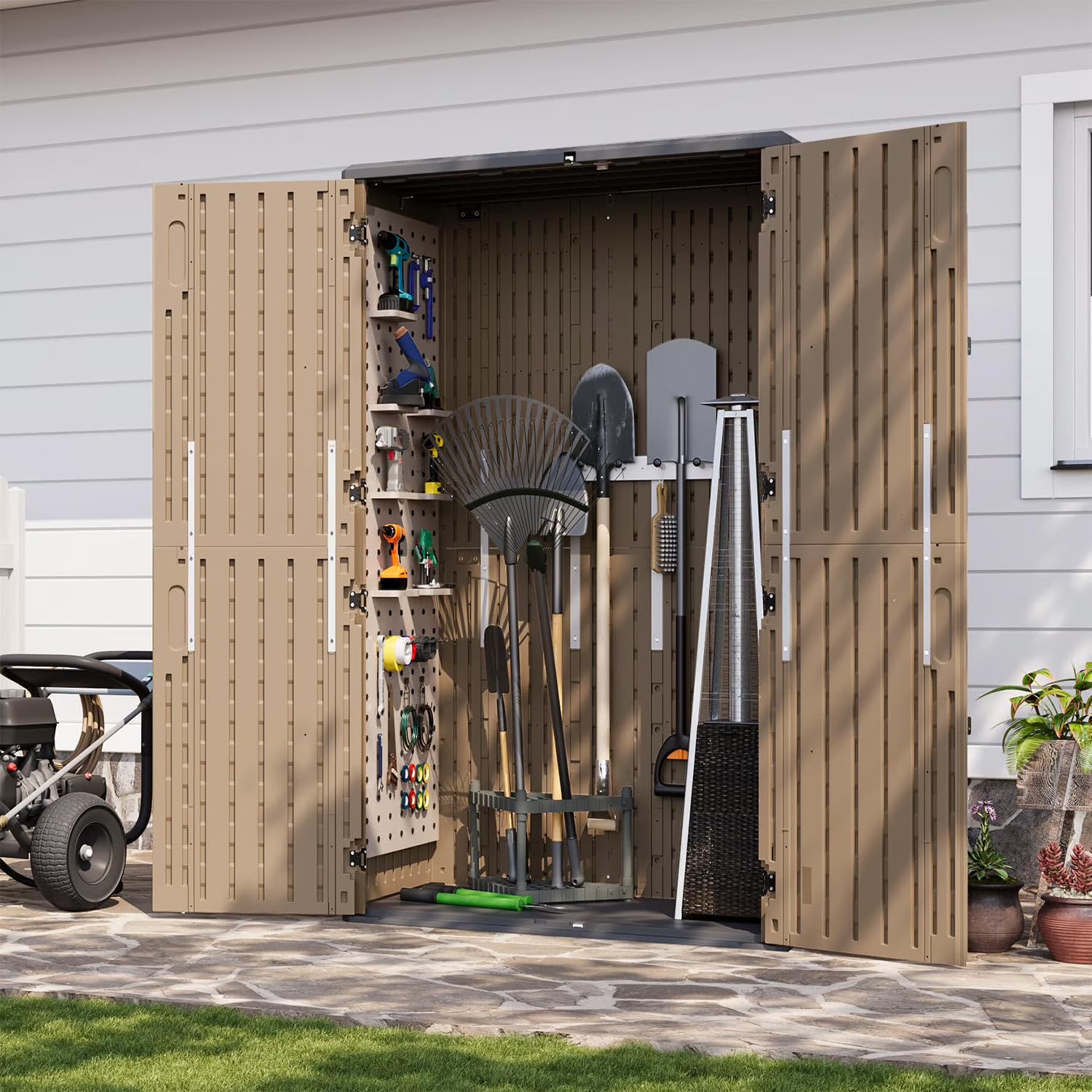 Aoxun Outdoor Storage Shed, 64 Cu.Ft Vertical Storage Sheds Outdoor with Floor, Outdoor Waterproof Storage Cabinet for Garage Storage, Pool Storage, Bike Shed, Garden Shed, Outdoor Storage(Brown)