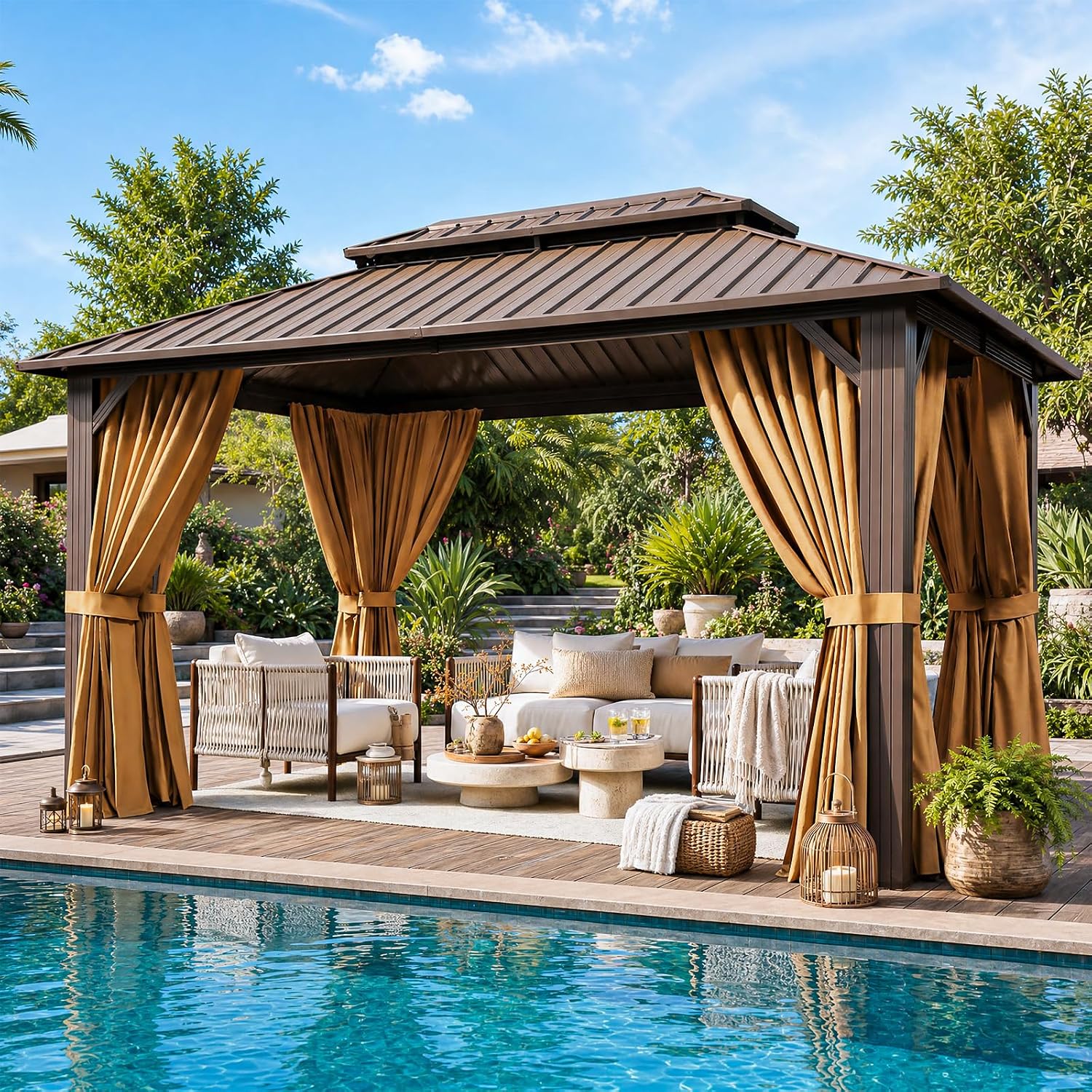 Aoxun 10x12FT Hardtop Gazebo Brown