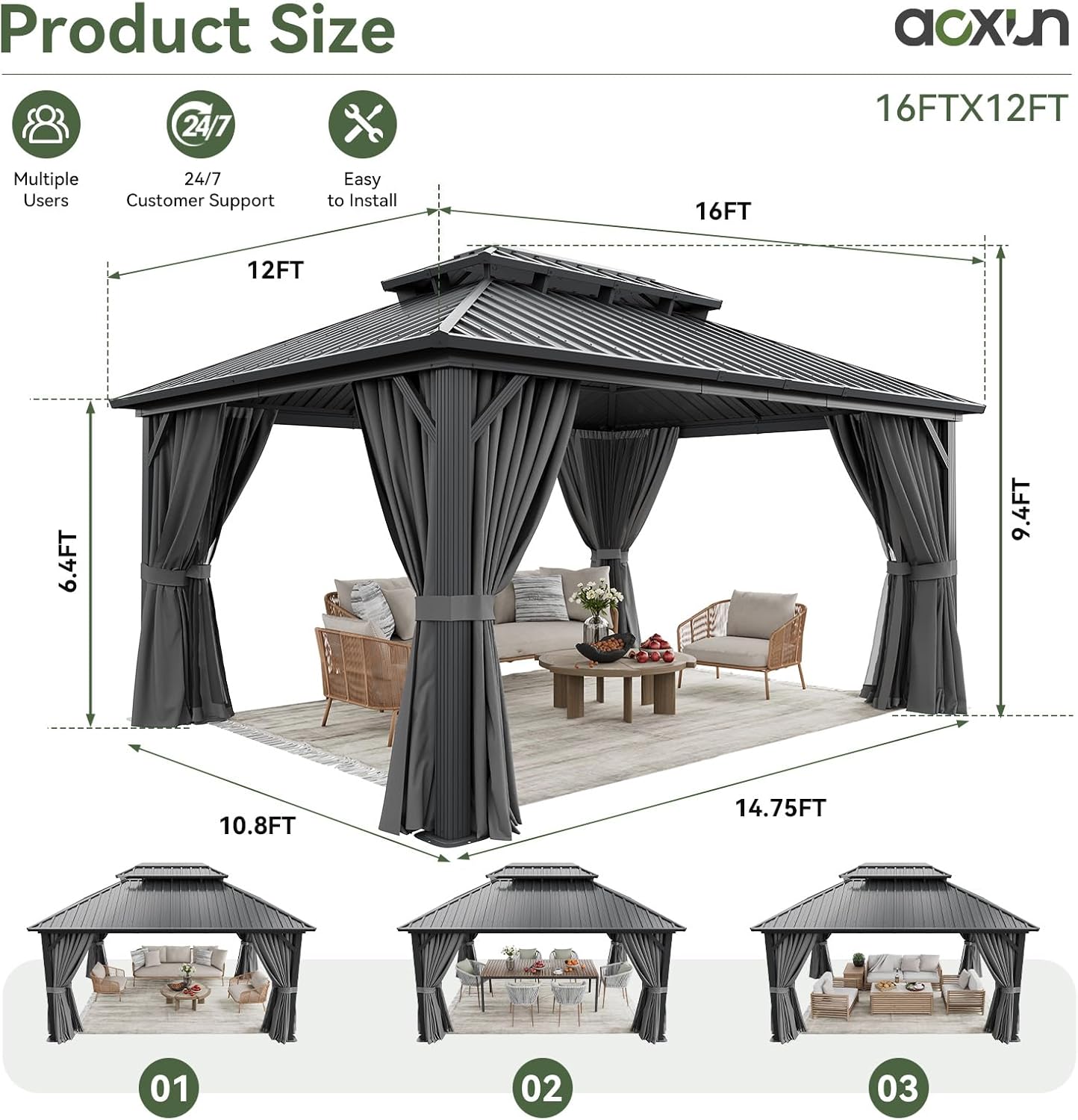 Aoxun 12Ft X 16Ft Hardtop Gazebo