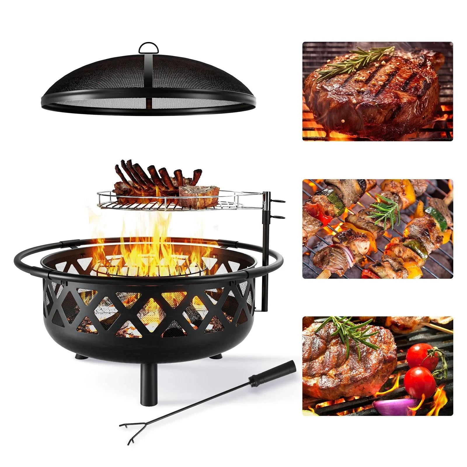 Fire Pit for Outside 36 inch, Outdoor Wood Burning Firepit with Cover & Fire Poker, Large Steel Firepit Bowl with Removable Cooking Swivel BBQ Grill for Backyard Bonfire Patio