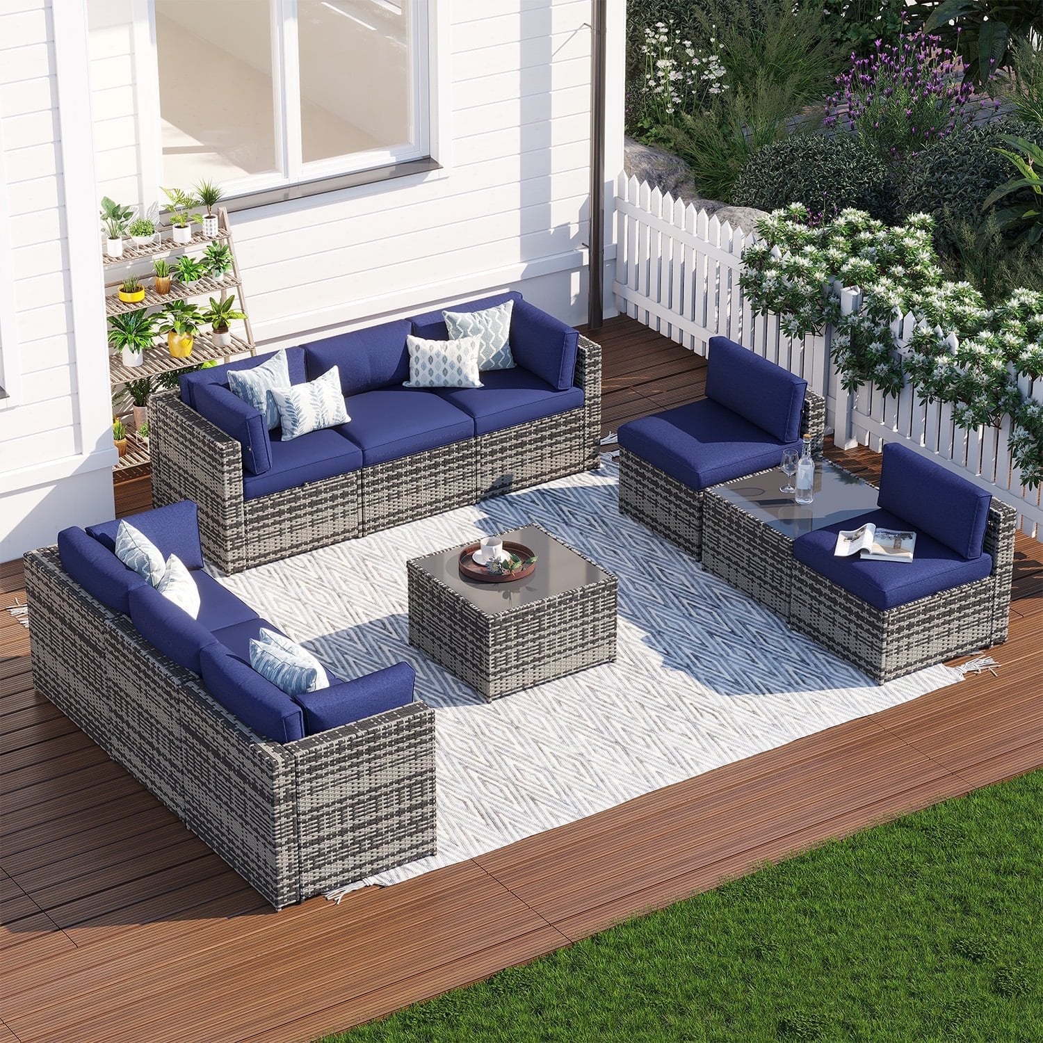 Clouddwell 10 Piece Patio Furniture Set Wicker Rattan Patio Conversation Set Outdoor Sectional Sofa Set with Coffee Table and Blue Cushions(Waterproof Cover Included)